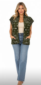 Bandana Print Waistcoat Gilet with pockets. Wool and Cotton blend