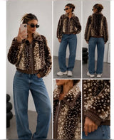 Deer Print Faux Fur Bomber Jacket